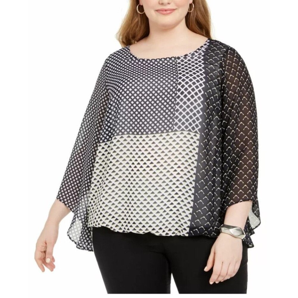 Alfani Blouse Top Plus Size 1X Navy White Sheer Bubble Hem Printed Scoop Neck